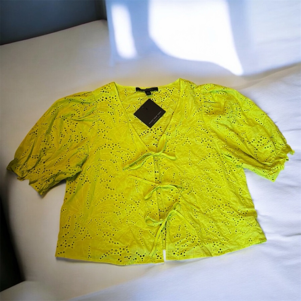 NWT Marc New York Neon Lime Eyelet Tie-Front Puff Sleeve Blouse - Large